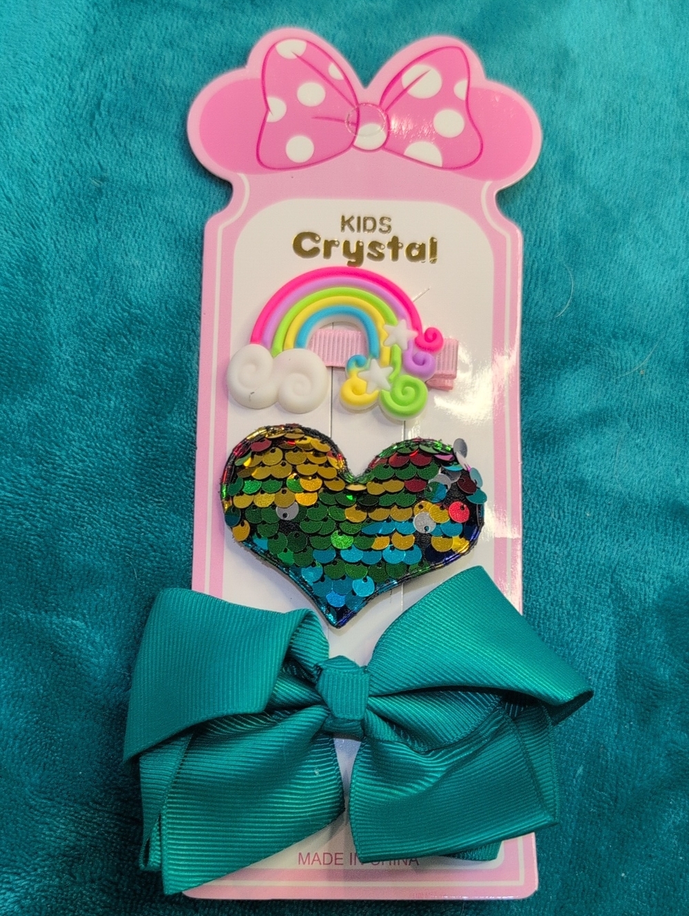 Kids Crystal Sequin Heart & Teal Bow Hair Set